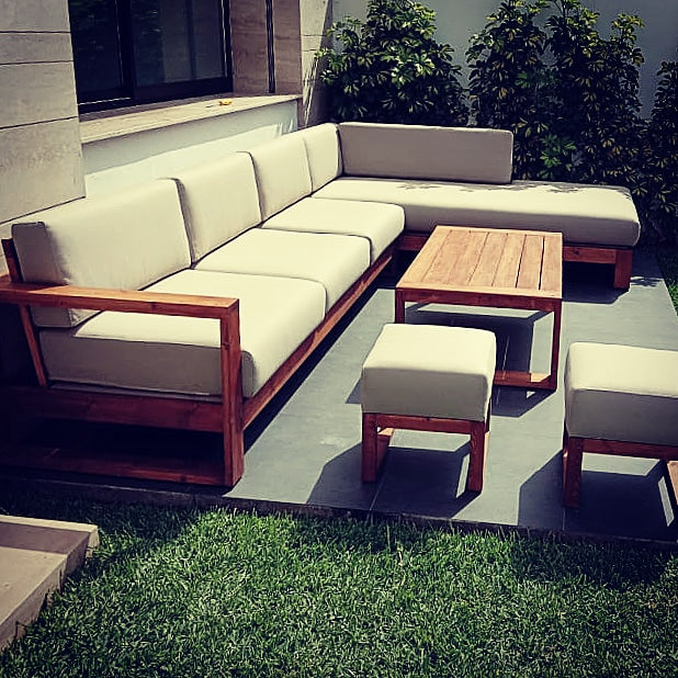 Salon outdoor LOUNGE , canapé L + table + poufs